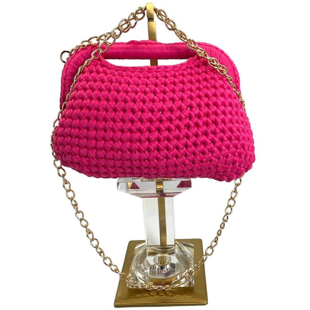 Hot Pink Fuchsia Knit Crochet 2Way Clutch Shoulder Bag Dopamine Party Festival